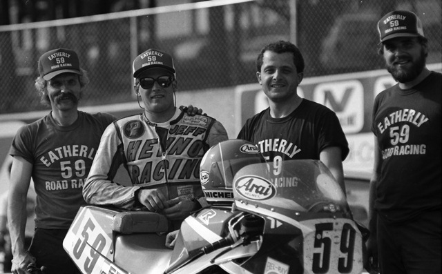 Eatherly Racing A post-race photo of Eatherly Racing with riders Jeff Heino and Dave Schlosser (standing in the middle) after the team took an upset victory over Team Hammer in the WERA National Endurance race at Road Atlanta in May of 1986. (Larry Lawrence photo)