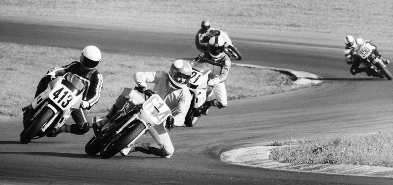 Milton, Andy - Grattan 9-89 J. Andrew Milton races his Yamaha SRX ahead of Yamaha FZR400 mounted aces Larry Cohee (No.413), Jeff Vos (No. 121) in a WERA D Superbike race at Grattan Raceway in September of 1989. Cohee and Vos eventually out-motored Milton, but not before he drove the Grattan aces nuts for several laps on his nimble thumper. Californian Milton won the Clubman race that weekend in what was likely his first visit to the Michigan circuit. (Larry Lawrence photo)