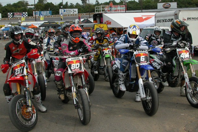 Nashville SuMo Lites Riders lineup for Lites practice at the AMA Supermoto National held at the Music City Motorplex in Nashville, Tennessee on September 24, 2005. From left to right are Don Hart (No. 237), Matt Pursley (No. 80), Mark Burkhart (No. 6), Brandon Currie (No. 414). You can also see Casey Currie (No. 747) and Casey Yarrow (No. 92) on the second row. (Larry Lawrence photo)