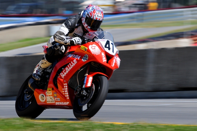 Eric Pinson races his beautifully prepared No. 41 Kawasaki ZX-10R in the Sunday AMA Superbike race at Mid-Ohio Sports Car Course in July of 2011. Pinson finished 15th at Mid-Ohio and that matched his best finish of the season. (Larry Lawrence photo)