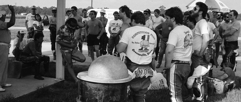 Riders listen to starter Al Wilcox (far left) before the start of a WERA race at Roebling Road Raceway in September of 1986. (Larry Lawrence photo)