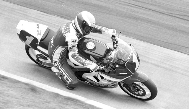 Shobert, Bubba - Rd. Atl. 1988 Bubba Shobert racing the factory Honda VFR750 to victory at Road Atlanta in May of 1988. Shobert’s bike was carrying a special blue No. 1 plate for winning the AMA Grand National Championship the year before. (Larry Lawrence photo)