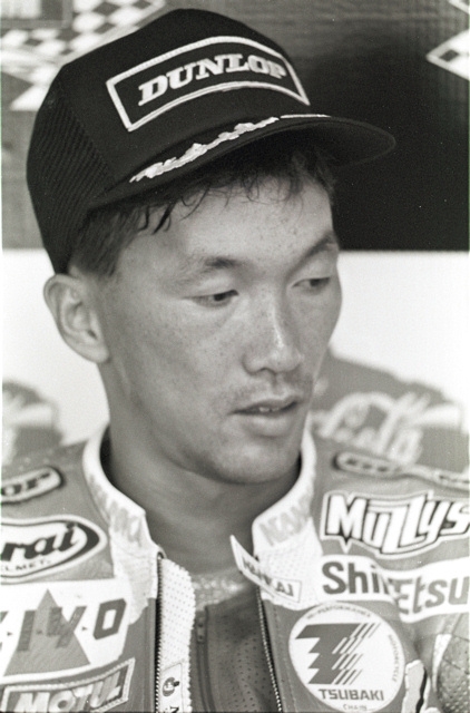 Sohwa, Tiger - Elkhart 1993 Takahiro “Tiger” Sohwa looks a bit disappointed in spite of earning a second-place finish in the 1993 AMA 750 Supersport at Road America in Elkhart Lake, Wisconsin. Tiger was one of the leading road racers in the AMA series in the mid-1990s. (Larry Lawrence photo)