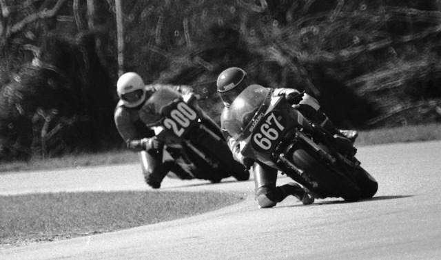Wing, John - Roebling 2-86 John Wing leads Dave Despain (both Suzuki GSXR750 mounted) during a WERA B Production race at Roebling Road in February of 1986. (Larry Lawrence photo)
