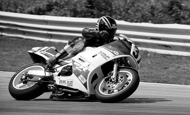 Ashmead, John - Elkhart Lake 1987 John Ashmead speeds his Honda VFR750 through Road America’s turn five during the AMA Superbike event at the track in June of 1987. (Larry Lawrence photo)