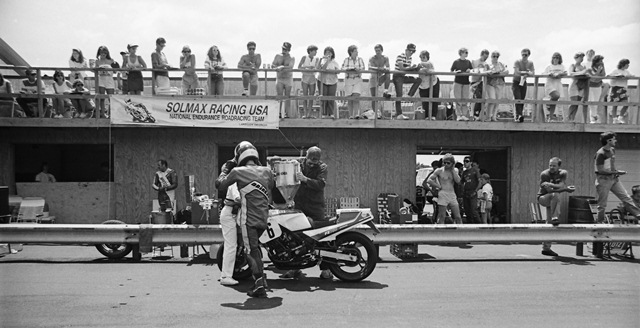 Cycle Speed Racing makes a pit stop during a WERA National Endurance race at Grattan Raceway in July of 1987. (Larry Lawrence photo)
