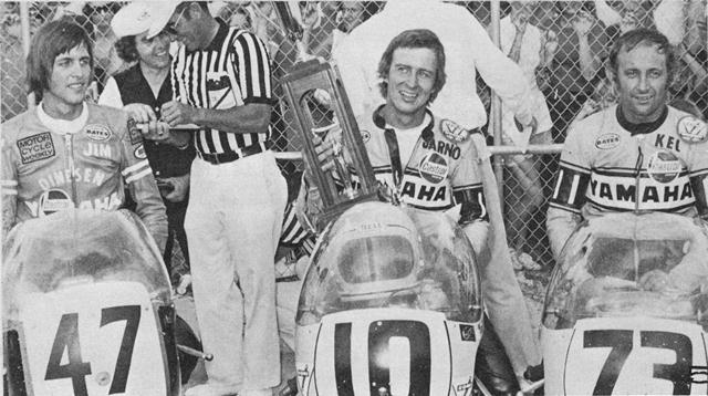 Daytona 1973-sm Jarno Saarinen (center) celebrates his victory in the 1973 Daytona 200. Alongside is second-place finisher Kel Carruthers (right) and rookie Jim Evans who scored third. (Courtesy DIS)