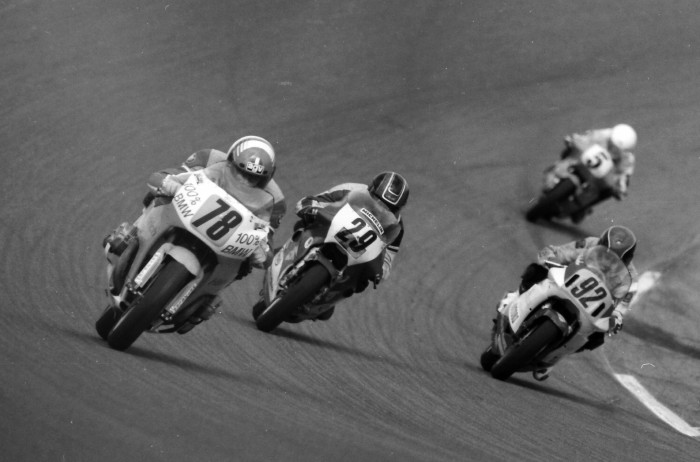 Enzinger, Herbert - Daytona 1989 This is a factory Handrich & Mayer BMW machine ridden by Germany's Herbert Enzinger on the banking at Daytona International Speedway leading a group of Ducati-mounted riders that includes Pablo Real (No. 29), Bernard Andre (No. 92) and BOTT legend Malcolme Tunstall (No. 5), who was riding a Bimota. (Larry Lawrence photo)