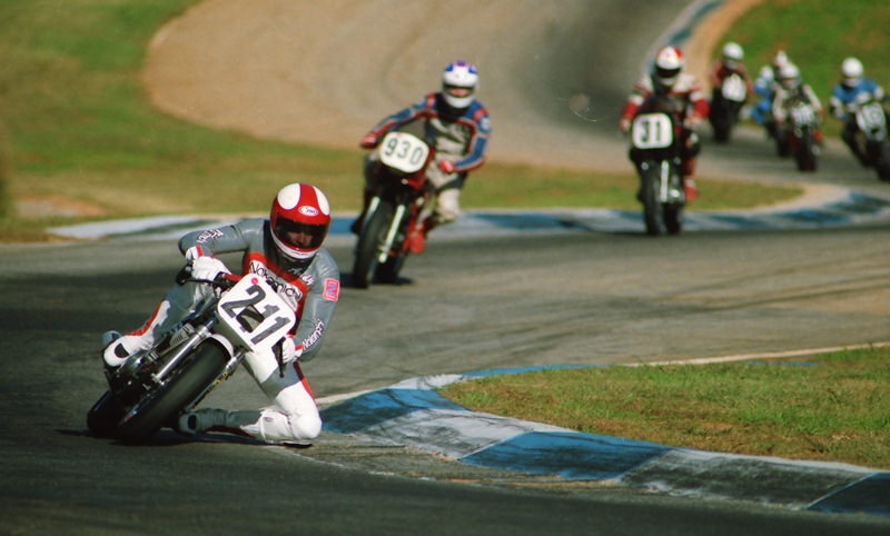 Milton, J Andrew - GNF 1990 J. Andrew Milton started from the back row, yet still came through to win the WERA Clubman Championship at the GNF in 1990 on his very trick Nakamichi-sponsored Yamaha SRX. (Larry Lawrence photo)