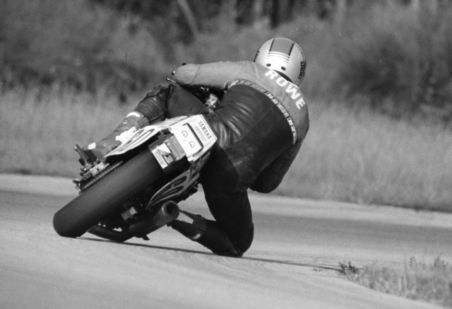 Rowe, Donnie - Roebling 1986 Donnie Rowe looks like he’s just about found the lean-angle limit on the Human Race Team Yamaha FZR600 during a WERA National Endurance race at Roebling road Raceway in September of 1986. (Larry Lawrence photo)