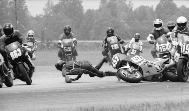 Shuptrine, Bob - Talladega 6-87 It was not a good day for Bob Shuptrine during a WERA regional at Talladega Gran Prix Raceway on June 21, 1987.Shuptrine lost control and hit the ground, while his Kawasaki Ninja 600R slides across the tarmac and slams into Ricky Slagel’s Yamaha FZ600. Fortunately everyone turned out OK. (Larry Lawrence photo)