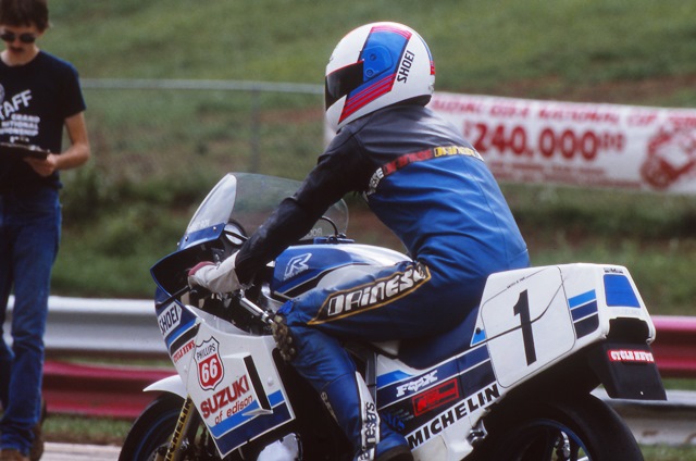 One of the most underrated riders of the 1980s was Ron Ewerth, better known as “Rocket Ron”. Here Ewerth lines up for a race at his home track of Road Atlanta. He scored a top-five AMA Supersport result at the track in 1987. (Larry Lawrence photo)