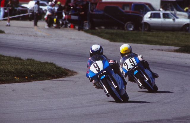 Hayden Bros. - IRP 4-93 The Brothers Hayden, Tommy (No. 9) and Nicky (No. 29), battle it out in a WERA race at Indianapolis Raceway Park in April of 1992. (Larry Lawrence photo)