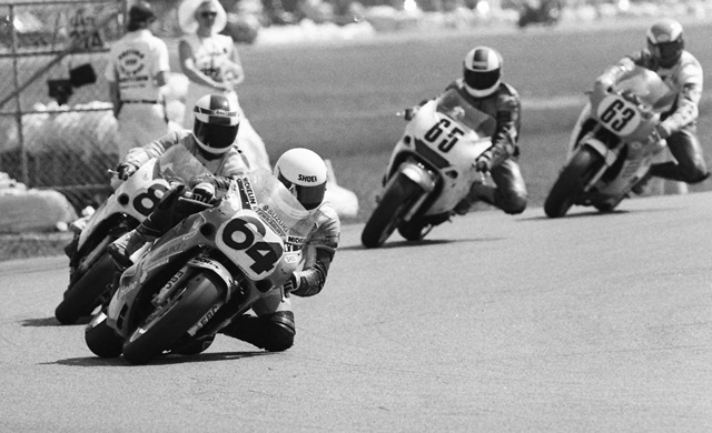 Heino, Jeff - Daytona '89 Jeff Heino leads a group of riders out of the infield on the road course at Daytona International Speedway during the 1989 Daytona 200. Heino leads Mike Harth, Lee Shierts (No. 65) and Stephen Wands (No. 63). (Larry Lawrence photo)