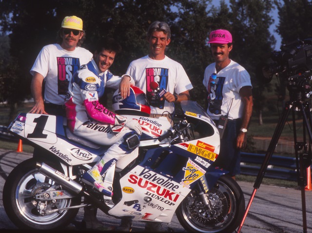 I don’t recall who the two gentlemen on the either side are, but that’s then Motorcyclist Magazine editor and pro racer Nick Ienatsch sitting on the Valvoline Suzuki and next to him with the microphone is author and racing instructor Keith Code at Road Atlanta in 1990. Ienatsch and Code were the main commentators on the F-USA shows, the first series that was broadcast on TV nationally. (Larry Lawrence photo)