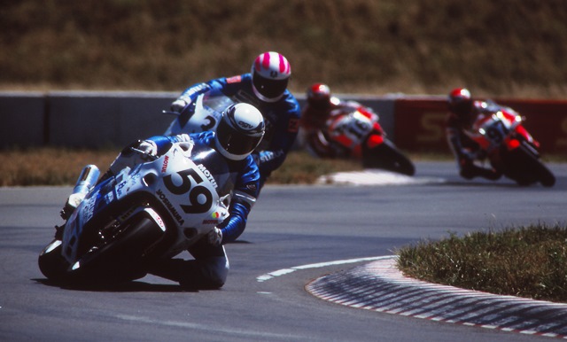 Kirk, Rick - Topeka FUSA 1990 Rick Kirk leads Dale Quarterley, Rich Oliver and Robbie Petersen in a WERA Pro Formula USA Heat race at Heartland Park Topeka in July of 1990. It was Kirk’s debut on a Yoshimura Suzuki Superbike. (Larry Lawrence photo)