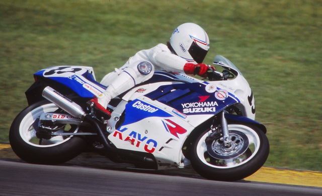 Lance, Ottis - Elkhart 1989 Ottis Lance races his KAYO Racing Suzuki GSXR750 in the AMA 750 Supersport race at Road America in June of 1989. “Otter” was scored a couple of top-10 finishes in the series that year, including a ninth in this race. Tires may have been the reason this fast Texan didn’t finish higher. (Larry Lawrence photo)