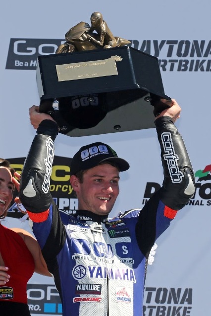 Trophy shot-sm Cameron Beaubier holds up the Daytona 200 trophy. (Photo courtesy Daytona International Speedway)