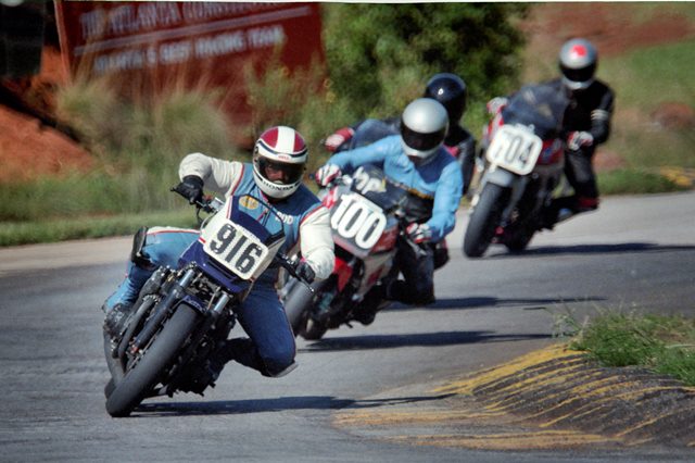 Cohen, Rod - Road Atlanta - WERA - Aug 85 - sm Rod Cohen, on a Honda CB1100F, leads Dennis Johnson (No. 100 Yamaha FZ750), Kurt Dean (Kawasaki GPz750) and Greg Goulding (No. 704 Yamaha FJ1100) through turn five at Road Atlanta during a WERA regional race in August of 1985. That’s a full ton of Superbikes in this one picture. (Larry Lawrence photo)