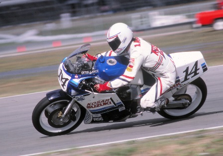 The distinction of the rider on the last image in my collection scanned goes to 1980s AMA Superbike racer Ottis Lance. This is Ottis going through the dogleg at Daytona International Speedway in 1987 on his Kosar Racing Suzuki GSXR750. It was likely shot with a Canon A-1 body with a Soligor 200mm f/2.8 lens. (Larry Lawrence photo)
