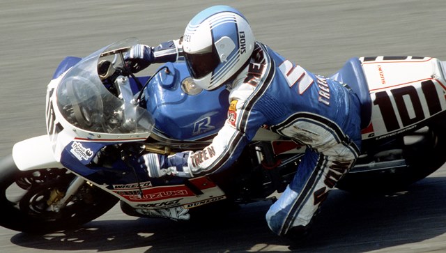 Mercier, Michel - Loudon '86 Michel Mercier races his Suzuki GSXR750 Superbike at the Loudon AMA event in 1986. Mercier was a three-time Canadian Superbike champ, who made frequent visits to the AMA series. Mercier was a blazingly fast road racer, but you might not know that he was truly a jack of all trades on two wheels. (Larry Lawrence photo)