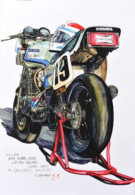 Okamoto1 One of the all-time iconic motorcycles raced in AMA Superbike is Freddie Spencer’s factory Honda CB750F-based machine. When Honda first entered AMA Superbike, this was the motorcycle it used during the 1980 and ’81 seasons. This illustration is one of the wonderful M Collection art work by the late Masaki Okamoto.