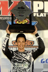 AMA Pro Racing GNC Short Track Robinson beams on the podium after taking his career-first AMA Grand National Championship win in round 2 of the 2013 AMA Pro Flat Track presented by J&P Cycles Grand National Championship season at the Daytona Short Track II on March 15. Photo by Dave Hoenig/Flat Trak Fotos.com.