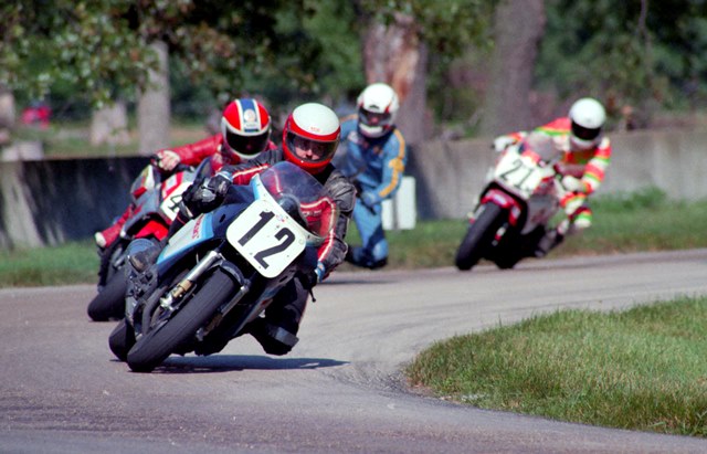 Susmark, Ken - Blackhawk 8-86 Ken Susmark, on a Suzuki GSXR1100, leads a pack that includes Yamaha FZ750 mounted Fritz Kling, Ed Key and Chris Horn in what is probably a WERA A Production race at Blackhawk Farms Raceway in August of 1986. (Larry Lawrence photo)
