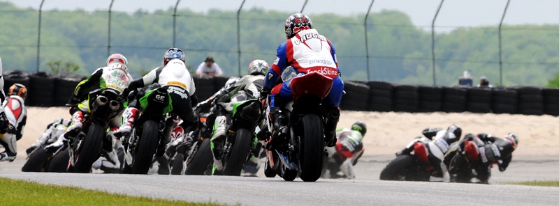 David Vaughn, on his Trackdaymag.com/Vortex Racing Suzuki GSXR600, has a great view of the field as he brings up the back of the pack in the Saturday SuperSport race at Road America in 2011. (Larry Lawrence photo)