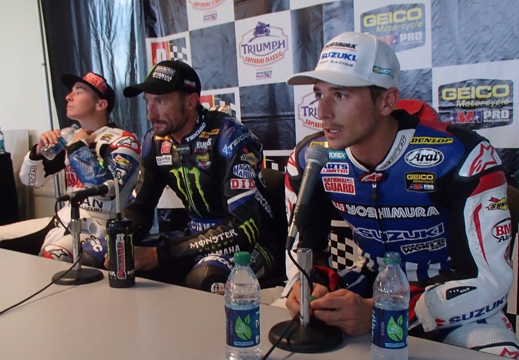 (L-R) Roger Hayden, Josh Hayes and Martin Cardenas talk about the odd Superbike race at Barber Motorsports Park in the post-race press conference. (Larry Lawrence photo)