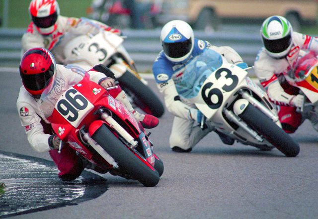 Cliff Bigoney (No. 96), who at the time hailed from Cantonsville, Maryland, holds a tight line around the second horseshoe at Daytona International Speedway during the 1990 AMA 250 Grand Prix. Bigoney leads Finland’s Johnny Wickstrom (No. 63), Venezuelan Luis Lavado (No. 113) and Donny Greene (No.3). (Larry Lawrence photo)