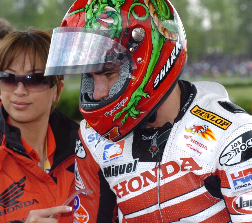Miguel Duhamel prepares for the start of an AMA Superbike race at Barber Motorsport Park in April of 2005. Duhamel, riding the American Honda CBR1000RR, scored a fifth and fourth that weekend in Alabama. (Larry Lawrence photo)