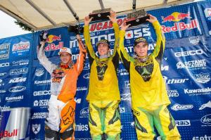 Final 250 Class Podium at Southwick (L to R): Ken Roczen, Eli Tomac, Zach Osborne. (Courtesy: Simon Cudby)