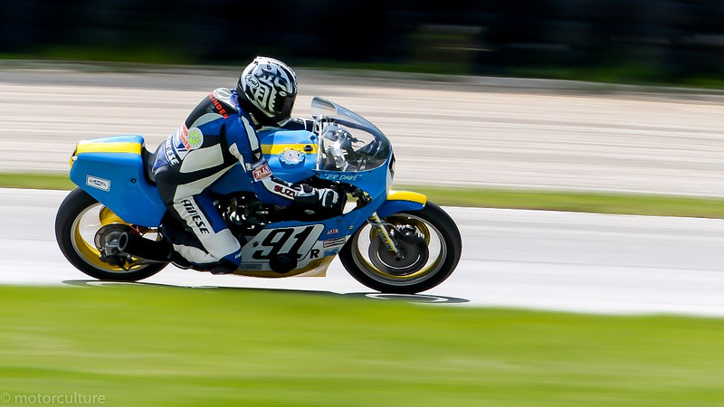 Harry Vanderlinden races an ex-Doc Kieffer Moriwaki powered by an ex-Rainey/Lawson/Muzzy Kawasaki S1 motor at the Road America AHRMA event last month. The Monster Moriwaki will be on track again at the Barber Vintage Festival in October. (Mark Coughlin photo)