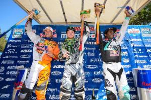 450 Class podium: (left) Ryan Dungey, Ryan Villopoto, (right) James Stewart. (Courtesy: Simon Cudby)