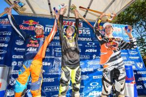 250 Class podium: (left) Ken Roczen, Eli Tomac, (right) Marvin Musquin. (Courtesy: Simon Cudby)