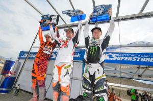 250 Class podium: (left) Ken Roczen, Eli Tomac, (right) Blake Baggett Courtesy: Simon Cudby