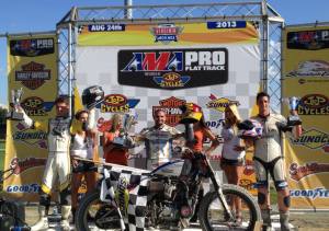  Henry Wiles, Jared Mees and Brandon Robinson celebrate their 2-1-3 finishes at the Virginia Mega-Mile at Colonial Downs Raceway on Saturday, August 24.  Photo by Dave Hoenig/Flat Trak Fotos.com. 