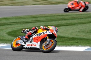 World Championship points leader Marc Marquez of Spain led MotoGP practice for the Red Bull Indianapolis GP on Friday, Aug. 16, turning a top lap of 1 minute, 39.502 seconds on his Repsol Honda at the Indianapolis Motor Speedway. (Larry Lawrence photo)