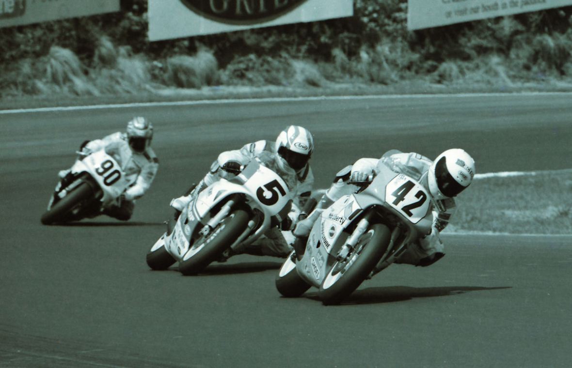 Takahito Mori (No. 42), Danny Walker (No. 5) and Chuck Sorensen (No. 90) battle in a WERA Air-Tech Formula II race at Road Atlanta in May of 1993. (Larry Lawrence photo)