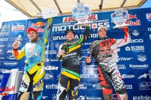 450 Class podium: (left) Justin Barcia, Ryan Villopoto, (right) Justin Barcia Courtesy: Simon Cudby