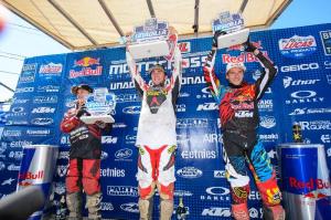 250 Class podium: (left) Jeremy Martin, Eli Tomac, (right) Ken Roczen Courtesy: Simon Cudby