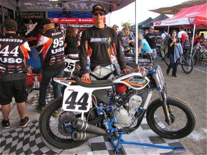Brandon poses with his #44 TJ Burnett Farms/USC/James Hart Racing Kawasaki EX650-based Twins Series mount at the season-finale at the Pomona Half-Mile on October 12. -- Photo by Tom Stein/Northwest Track Shots