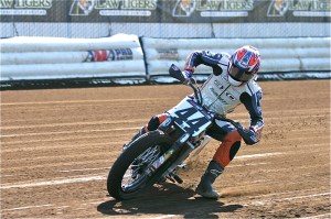 Brandon Robinson on the #44 TJ Burnett Farms Kawasaki is shown in action during one of the qualifying sessions at round 13 of the 2013 AMA Pro Flat Track presented by J&P Cycles Grand National Championship at the Pomona Flat Track Finals on October 12. BRob44 toughed it out at the season-finale for a 9th-place finish in the National main at the LA Fairplex in Pomona to end the season ranked as the 3rd-place rider in the final championship standings. Photo credit: Tom Stein/Northwest Track Shots