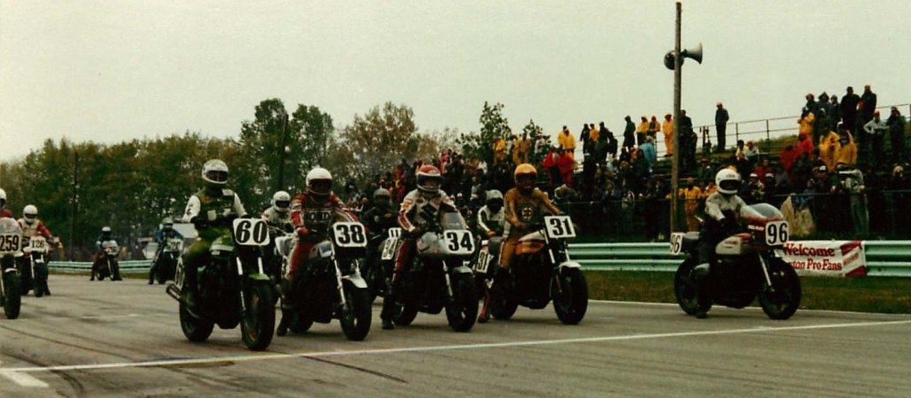 Riders waiting for the green flag for a warm-up lap, perhaps for a Heat race, at a drizzly Road America in 1982. Shown in the shot are factory Kawasaki’s Wayne Rainey (No. 60), Honda’s Steve Wise ((No. 38), Yoshimura Suzuki’s Wes Cooley (No. 34), Racecrafters Kawasaki’s Harry Klinzmann (No. 31) and privateer Suzuki racer Harry Vanderlinden (No. 96). (Dr. Dave Kieffer Collection)