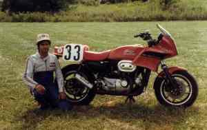 I have attached a photo of a fourth H-D racer I built. Again, Suzuki GS750 front end and wheels/brakes. Suzuki GS550 fairing, GS 650 tank and seat. This bike also still exists somewhere on the streets of Wisconsin. I sold it to a friend/relative of Ray Platek, another former roadracer.