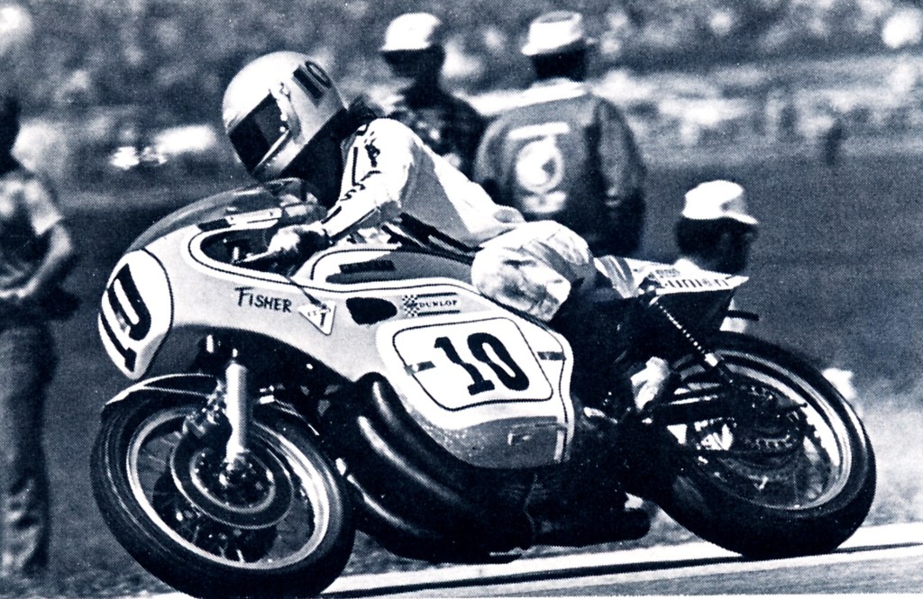Gary Fisher racing the Krause Honda CR750, with motor built by Yoshimura, in the 1972 Daytona 200. Fisher briefly led the 200 that year, just as he’d done the year before. Mechanicals took him out both times. (Courtesy DIS)