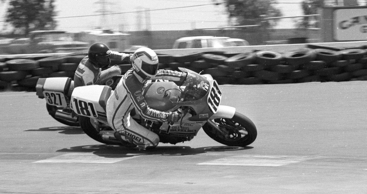 Malcolm Hill (No. 181) and Rich Arnaiz (No. 327) battle through the final turn at Sears Point Raceway during the 1986 AMA Superbike race at the circuit. Hill and Arnaiz were riding solidly inside the top ten, here battling for seventh, in a loaded field that day at Sears. (Larry Lawrence photo)