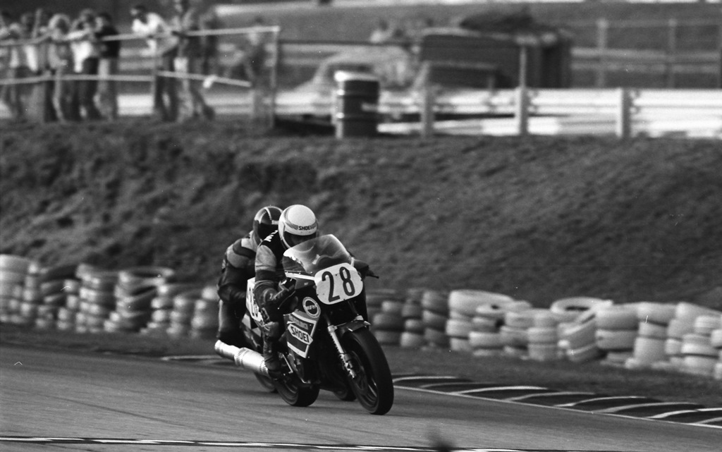 Jeff Morrow races his Suzuki out of the final turn in front of an unidentified rider at Road Atlanta during the very first Suzuki GSXR Cup Finals in 1986. Morrow qualified for the GSXR Cup Finale via his strong finishes in Oregon Motorcycle Road Racing Association (OMRRA) competition. (Larry Lawrence photo)