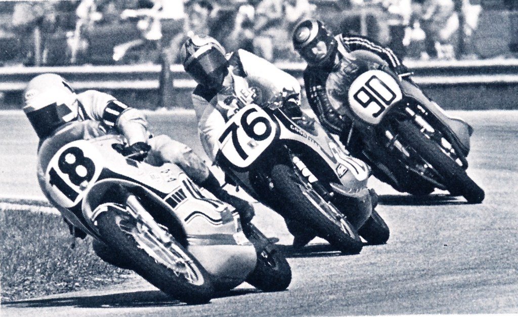 Jimmy Odom, on the No. 18 Yamaha, leads another Yamaha mounted rider Frank Gillespie (No. 76) and George Kerker (No. 90, who was racing a Honda, in the 1972 Daytona 200. (Courtesy DIS)